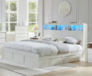 Modern King Size Wood Bed Frame with 50" Tall Storage Headboard, LED King Size Platform Bed Frame w/4 Drawers, Charging Station, Solid Wood Slats Support, No Box Spring Needed, Antique White