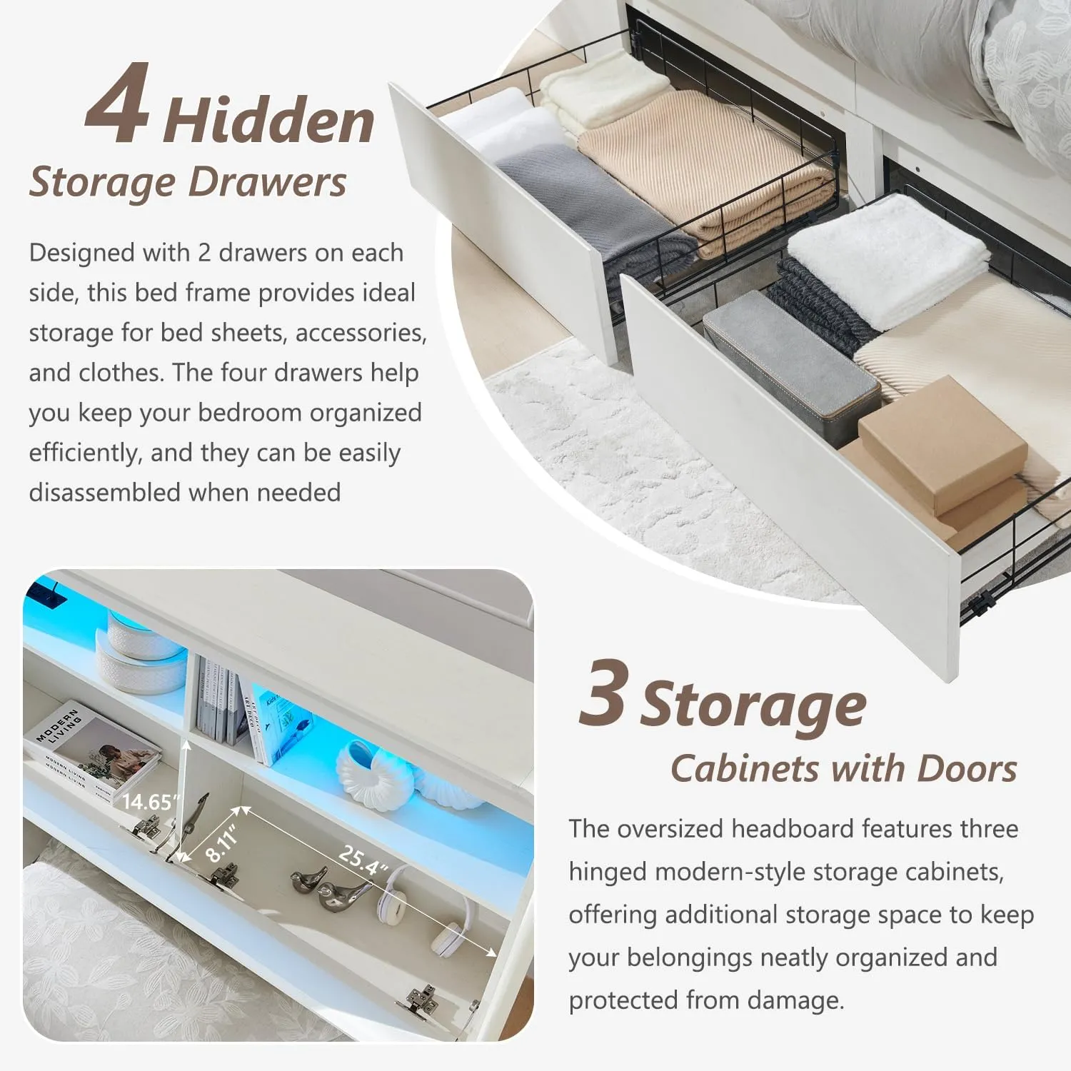 Modern King Size Wood Bed Frame with 50" Tall Storage Headboard, LED King Size Platform Bed Frame w/4 Drawers, Charging Station, Solid Wood Slats Support, No Box Spring Needed, Antique White
