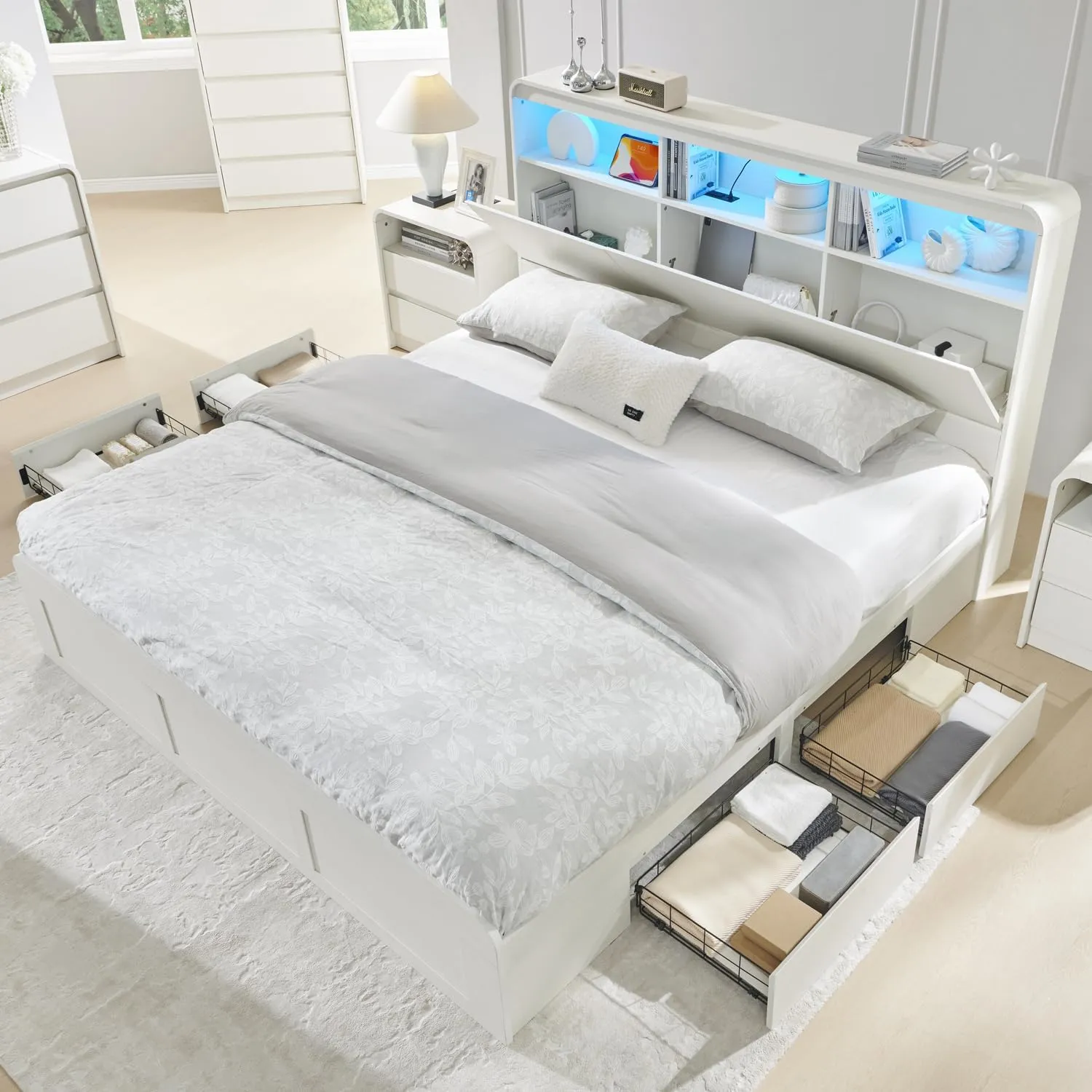 Modern King Size Wood Bed Frame with 50" Tall Storage Headboard, LED King Size Platform Bed Frame w/4 Drawers, Charging Station, Solid Wood Slats Support, No Box Spring Needed, Antique White