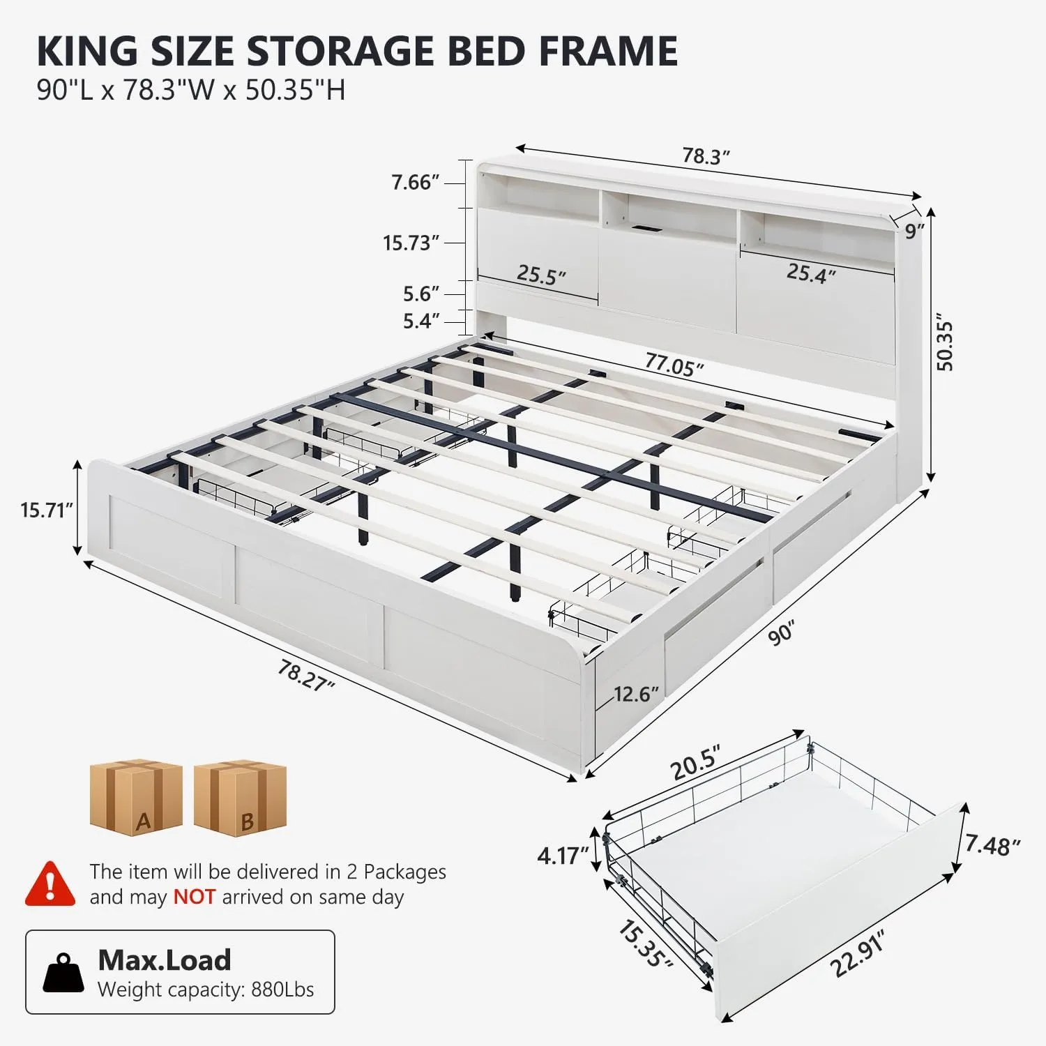 Modern King Size Wood Bed Frame with 50" Tall Storage Headboard, LED King Size Platform Bed Frame w/4 Drawers, Charging Station, Solid Wood Slats Support, No Box Spring Needed, Antique White