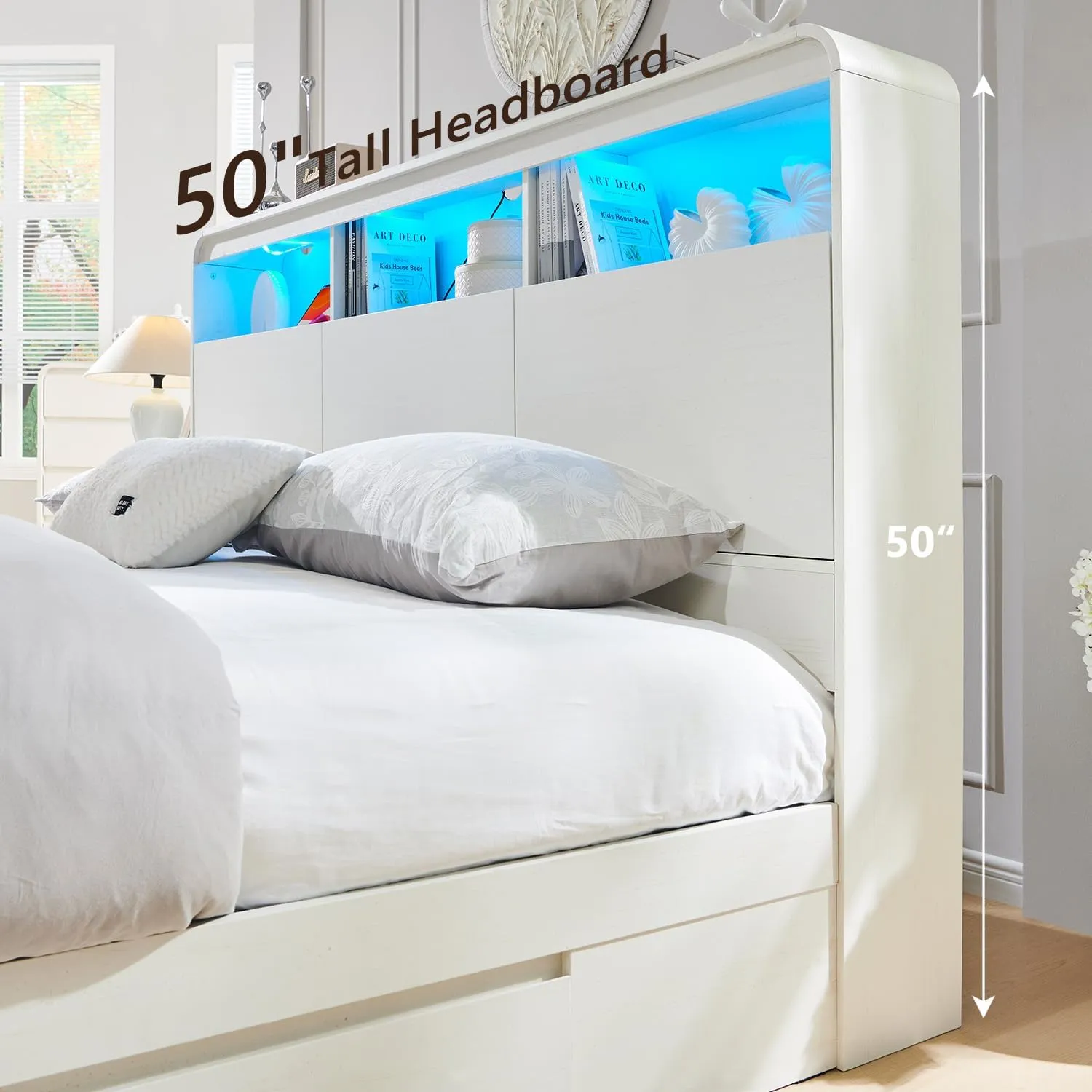Modern King Size Wood Bed Frame with 50" Tall Storage Headboard, LED King Size Platform Bed Frame w/4 Drawers, Charging Station, Solid Wood Slats Support, No Box Spring Needed, Antique White