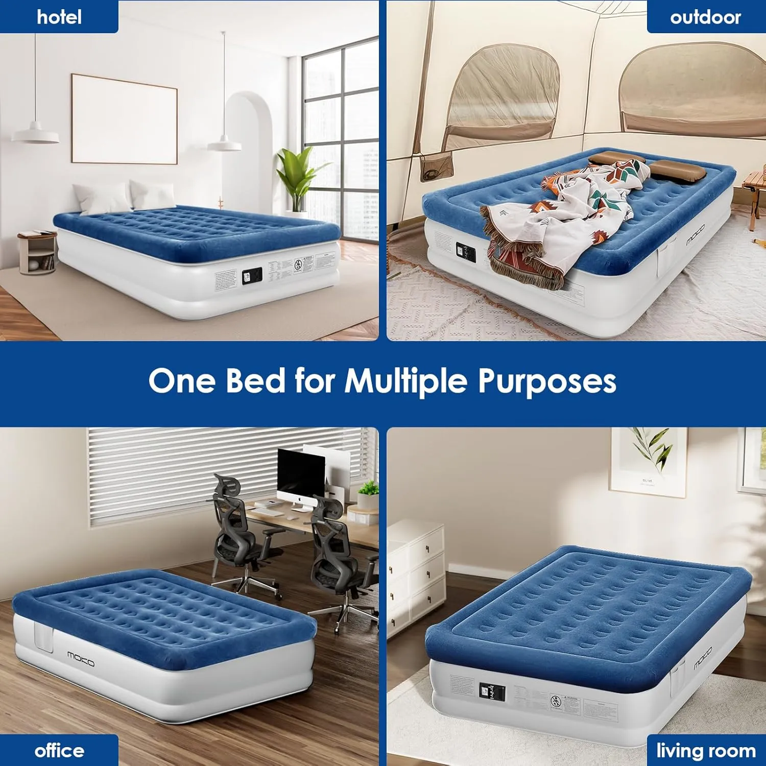 MoKo Air Mattress Queen with Built in Pump, 18'' Luxury Inflatable Mattress, 3 Min Fast Blow up Mattress with Dual-Chamber, Comfort Top - Velvety Air Bed for Home, Camping, Travel, Guests, White/Blue