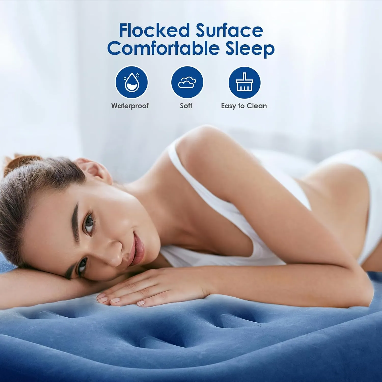 MoKo Air Mattress Queen with Built in Pump, 18'' Luxury Inflatable Mattress, 3 Min Fast Blow up Mattress with Dual-Chamber, Comfort Top - Velvety Air Bed for Home, Camping, Travel, Guests, White/Blue