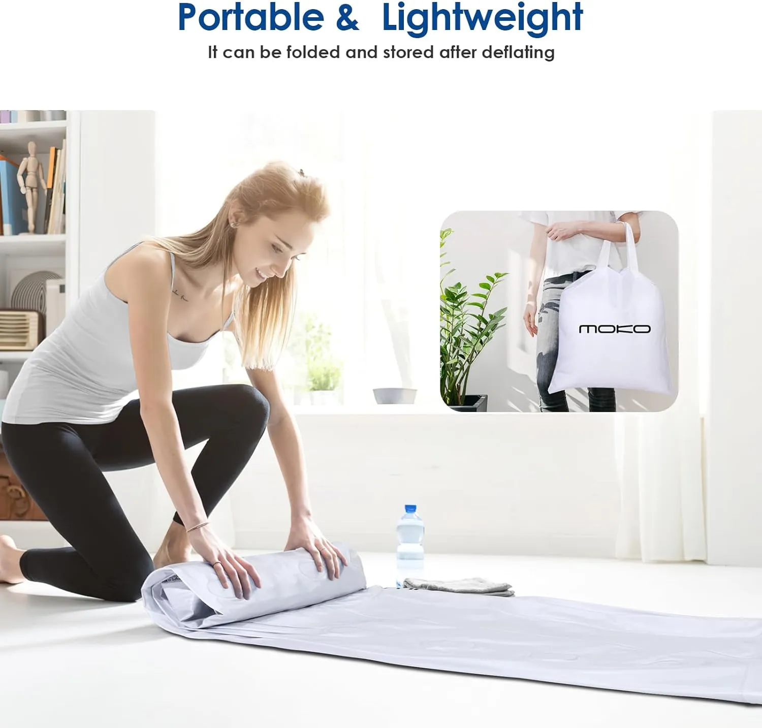 MoKo Air Mattress Queen with Built in Pump, 18'' Luxury Inflatable Mattress, 3 Min Fast Blow up Mattress with Dual-Chamber, Comfort Top - Velvety Air Bed for Home, Camping, Travel, Guests, White/Blue