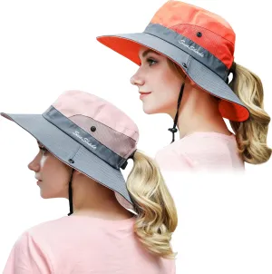 Muryobao 2 Pack Women Ponytail Summer Sun Hat UV Protection Wide Brim Foldable Safari Fishing Cap