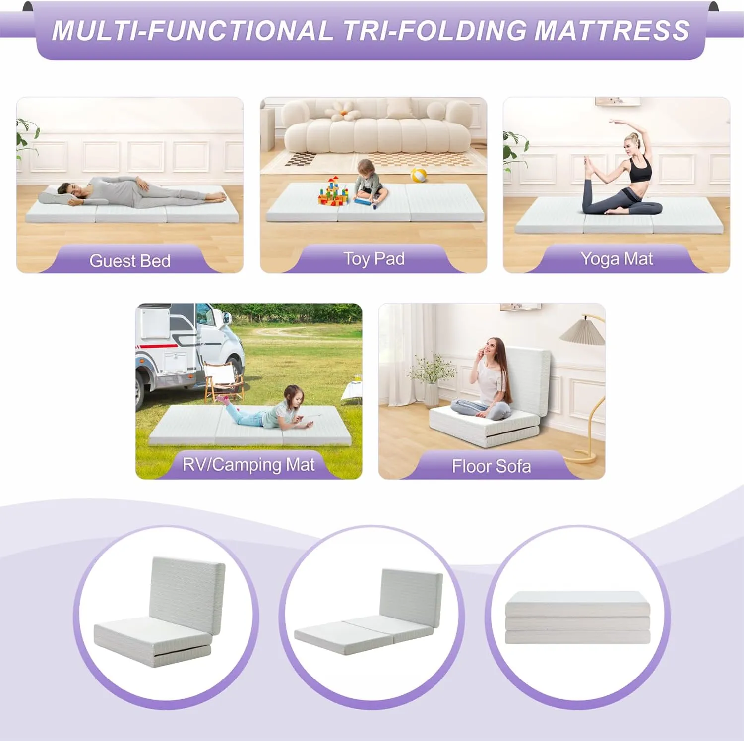 MUUEGM Folding Memory Foam Mattress 4 Inch Tri Fold Mattress Topper Queen Size Foldable Mattress with Washable Cover,Travel and Guest Mat Mattress with Storage Bag for Yoga Camping RV,Non-Slip Bottom