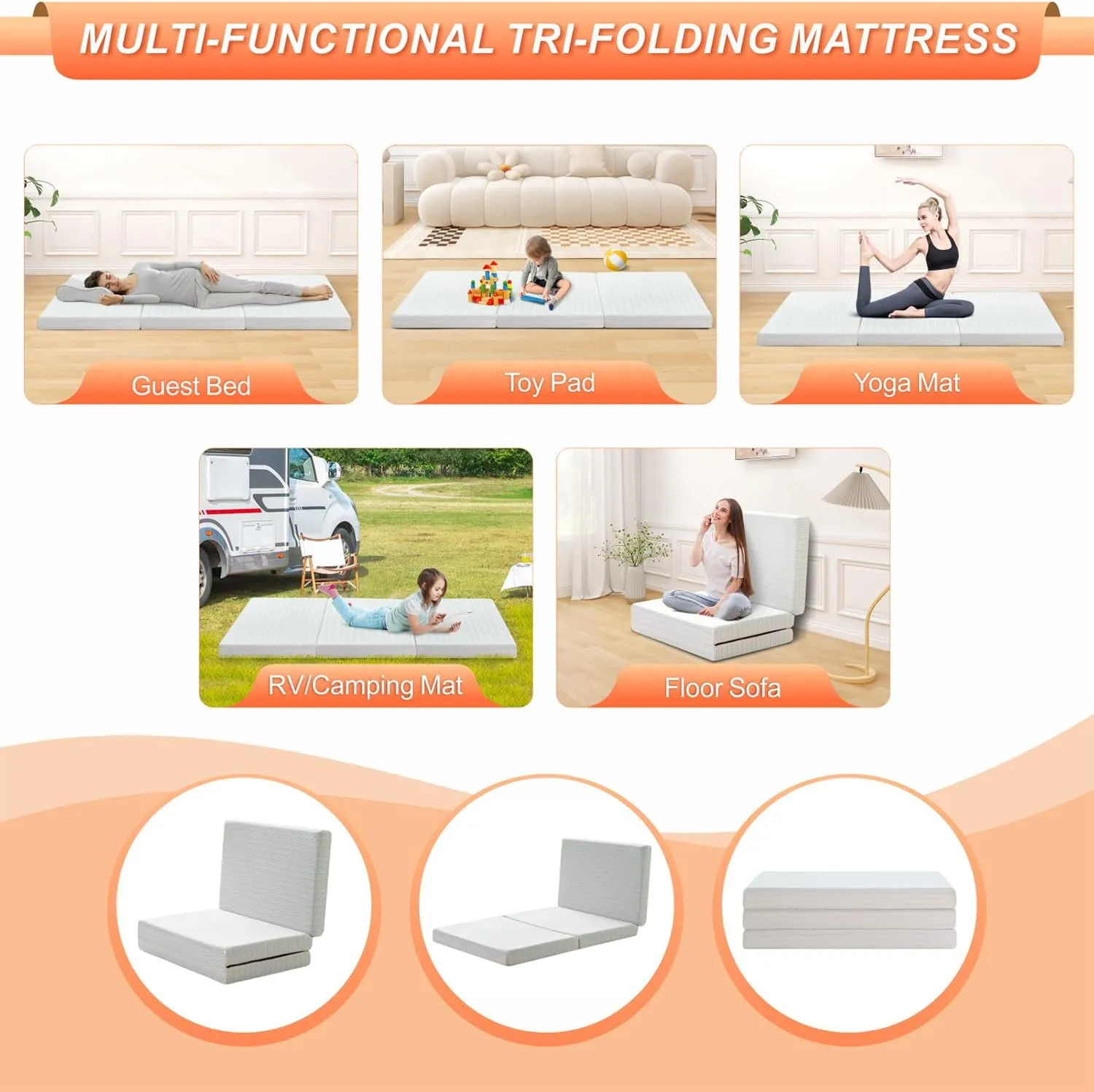 MUUEGM Tri Folding Mattress 3 Inch Twin XL Tri Fold Memory Foam Mattress Foldable Bed Mattress with Washable Cover Portable Mattress Topper for Yoga/Camping/RV/Guest Beds,CertiPUR-US Certified