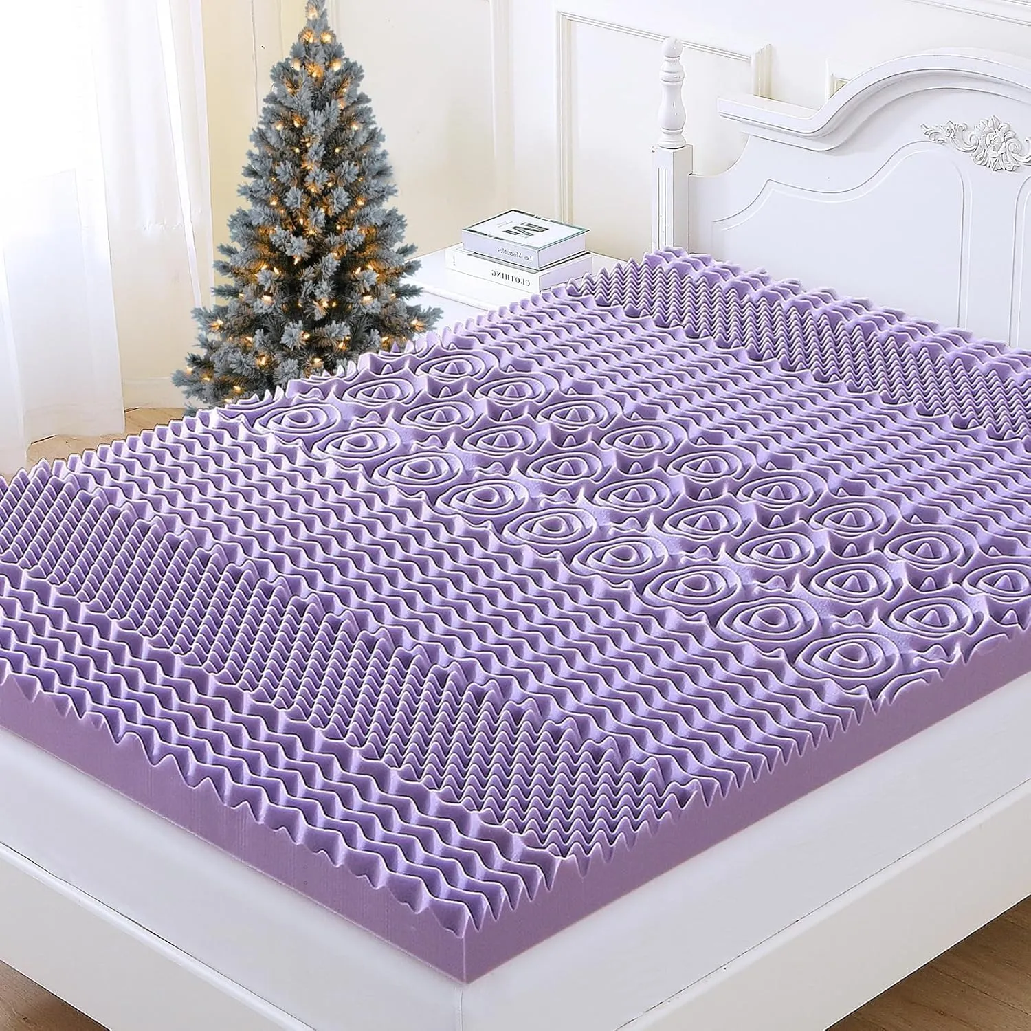 MUXHOMO 3.9 Inch 7-Zone King Mattress Topper, Egg Crate Foam Mattress Topper King Size for Back Pain, Lavender Cooling Gel Infused Bed Pad, CertiPUR-US and Oeko-TEX Certification (76"×80")