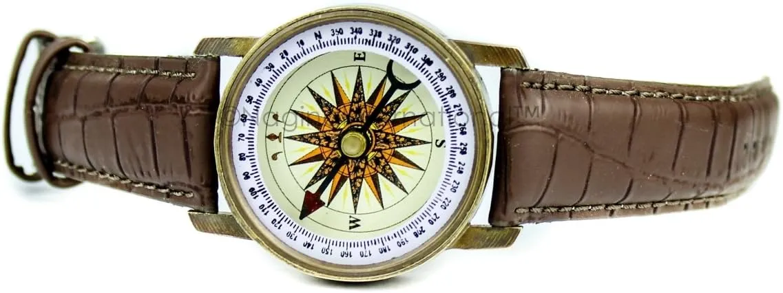 Nagina International Steampunk Nautical Antique Brass Wrist Compass Authentic Heavy Duty Leather Strap Wrist Band |