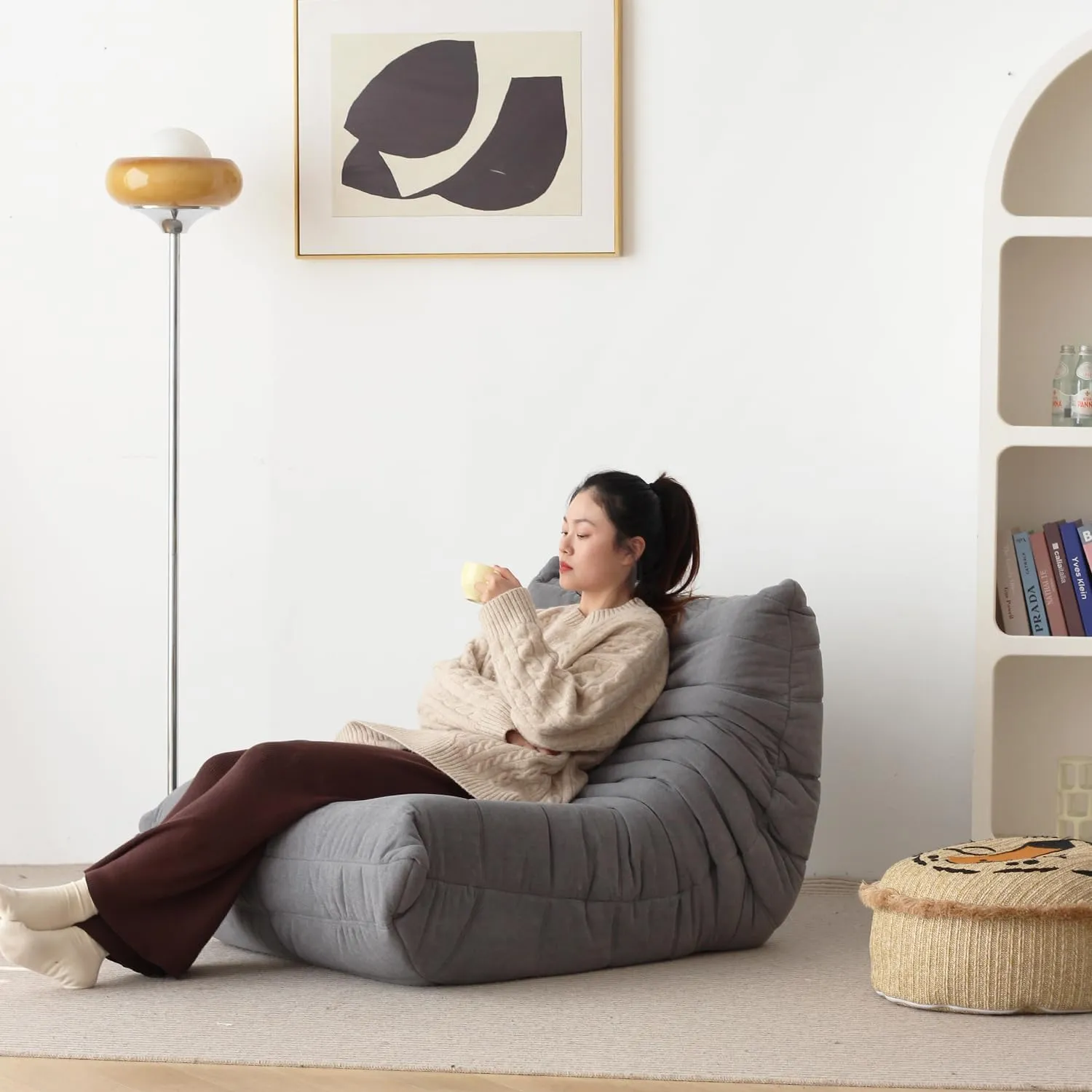 N&V Fireside Armless Floor Sofa, Mid Century Soft Premium Microfiber Lounge Chair, Foam Accent for Living Room Bedroom and Office (Single, Grey)