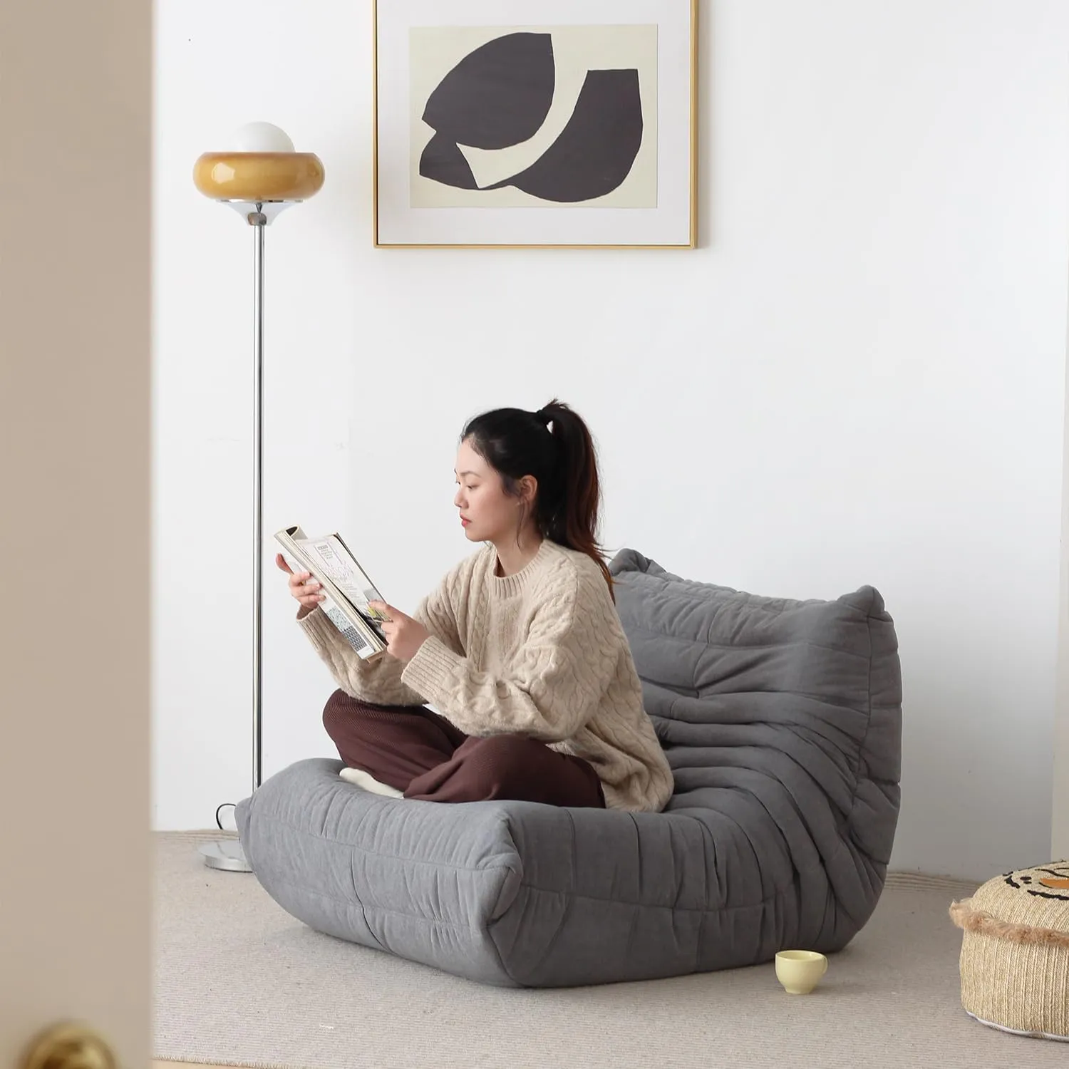 N&V Fireside Armless Floor Sofa, Mid Century Soft Premium Microfiber Lounge Chair, Foam Accent for Living Room Bedroom and Office (Single, Grey)