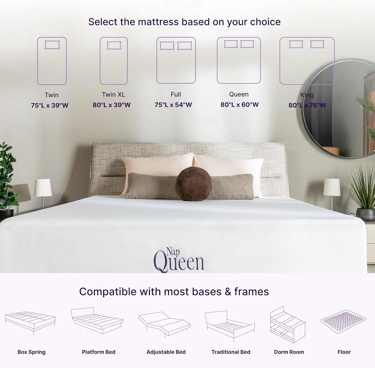 NapQueen 12 Inch Queen Size Mattress, Bamboo Charcoal Memory Foam Mattress, Bed in a Box,White