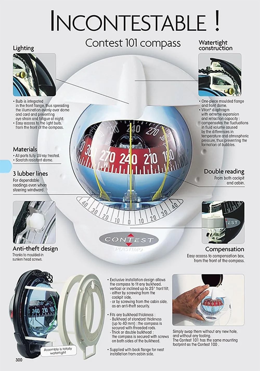 NAUTOS 25487 - Contest 101 Compass- Mount Inclined 10 to 25 Degrees-White Compass with RED Card- PLASTIMO 64419