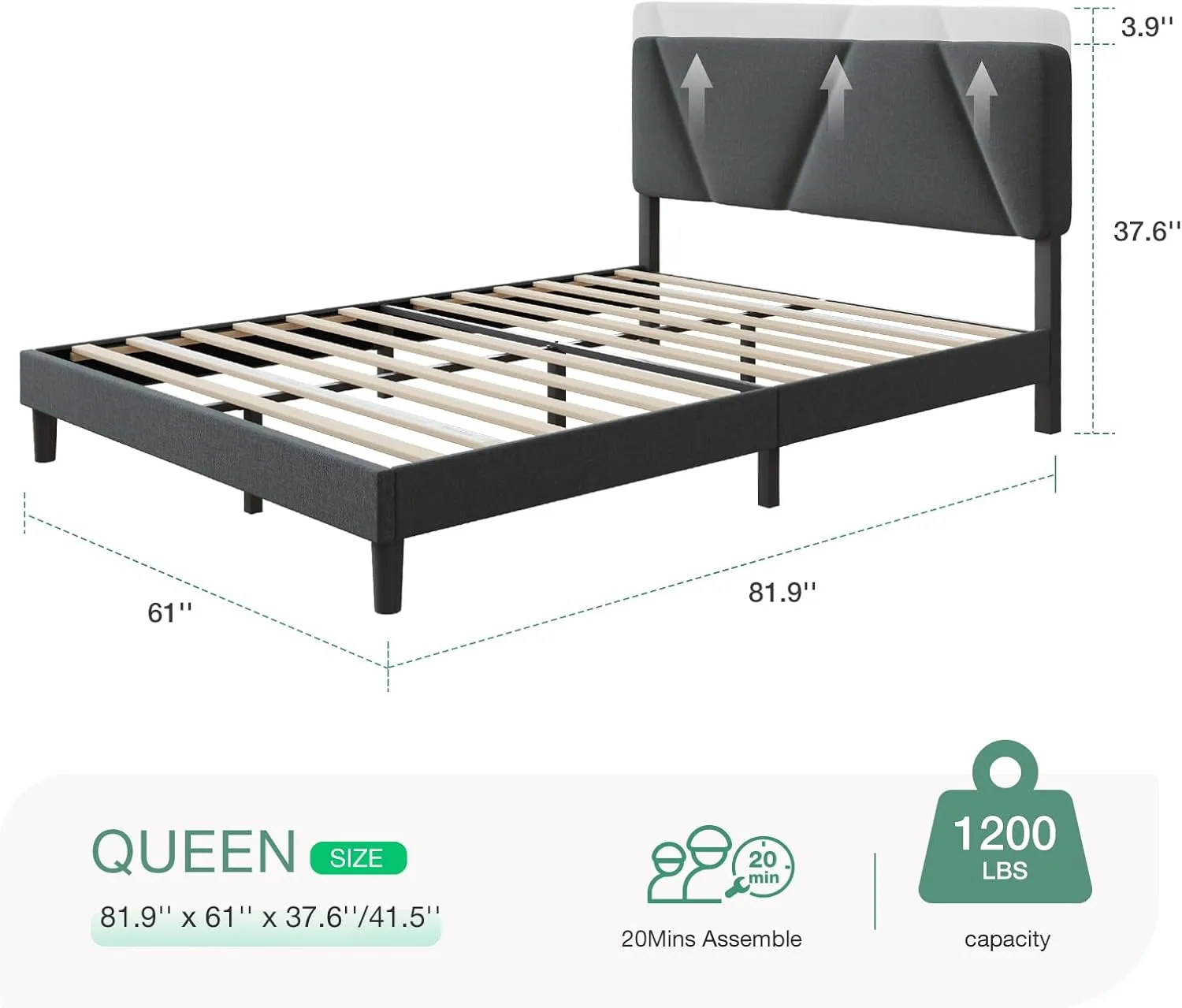 Novilla Queen Bed Frame with Headboard, Bed Frame Queen Size with Upholstered Headboard Platform Bed, No Box Spring Needed, Easy Assembly, Dark Grey