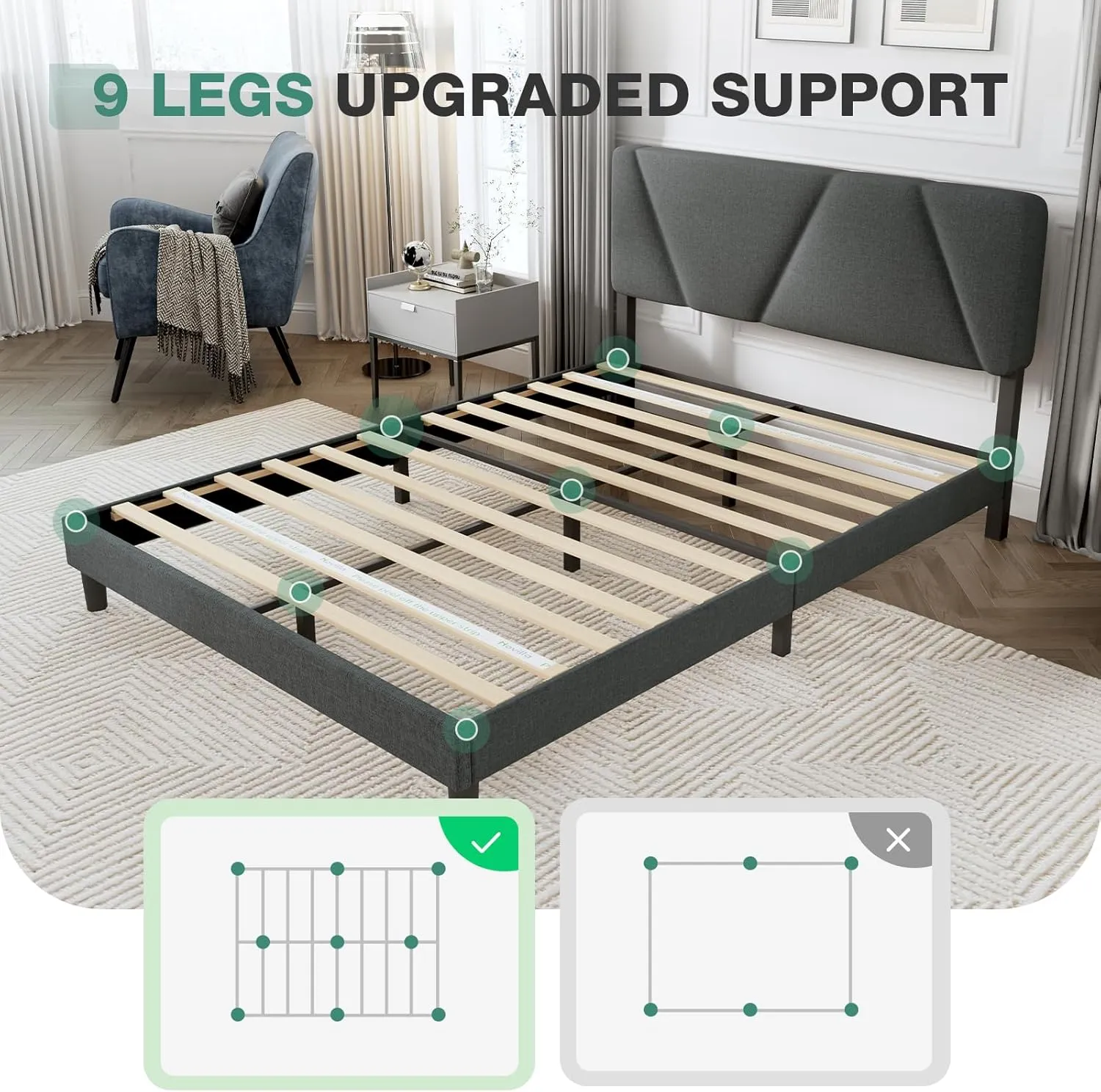 Novilla Queen Bed Frame with Headboard, Bed Frame Queen Size with Upholstered Headboard Platform Bed, No Box Spring Needed, Easy Assembly, Dark Grey
