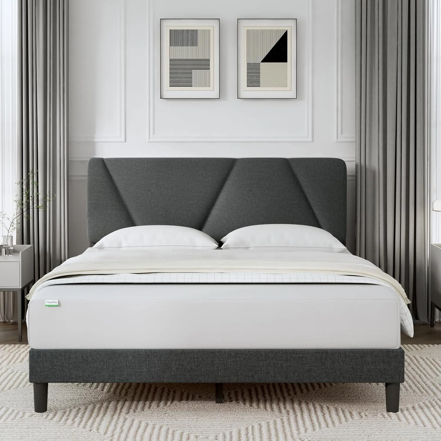 Novilla Queen Bed Frame with Headboard, Bed Frame Queen Size with Upholstered Headboard Platform Bed, No Box Spring Needed, Easy Assembly, Dark Grey