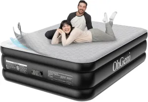 OhGeni Luxury Queen Air Mattress with Built-in Pump, Silk Foam Topper for Superior Comfort, 18" Raised Inflatable Bed, Blow-Up Mattress for Home, Camping & Guests, Easy Setup, Extra Support, Black