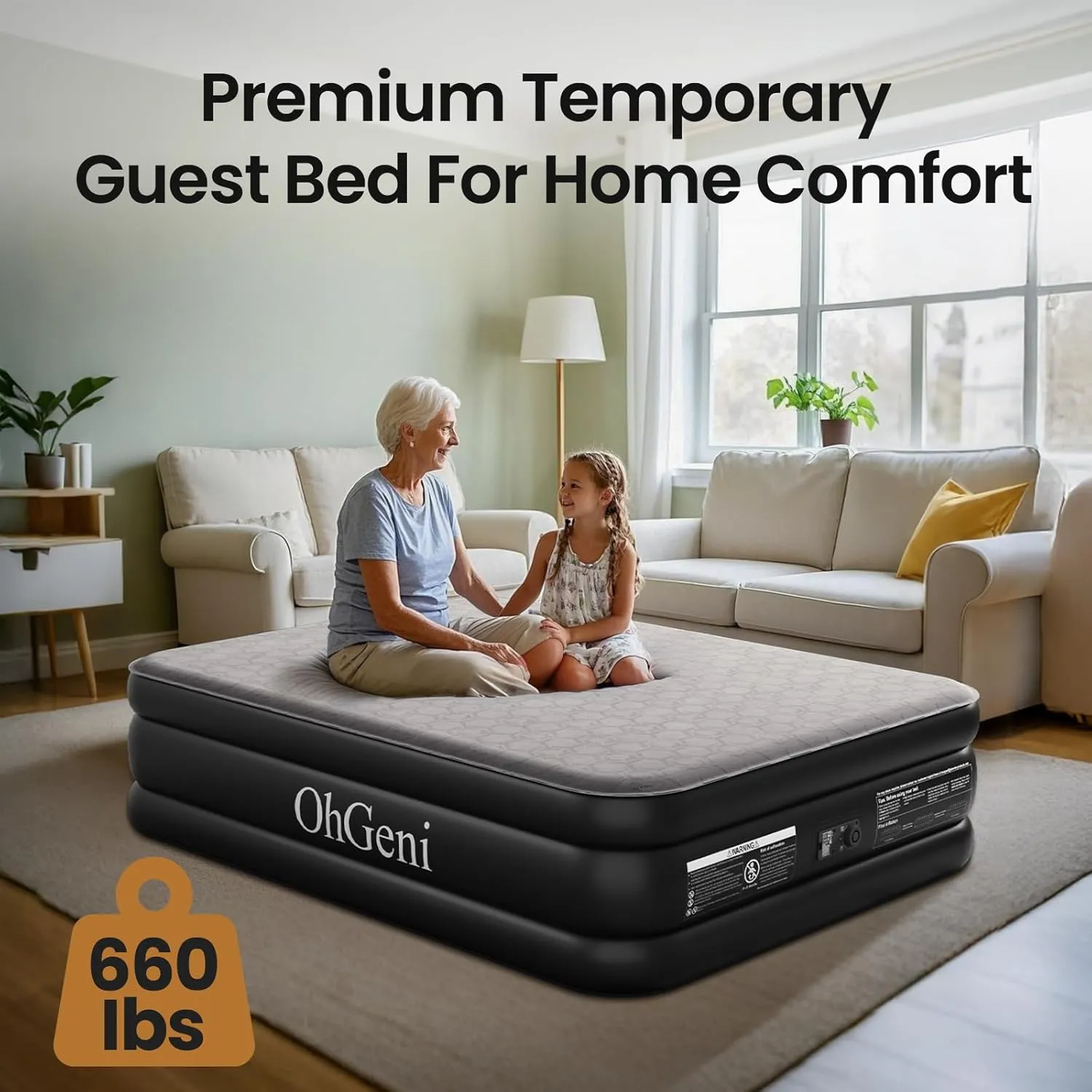 OhGeni Luxury Queen Air Mattress with Built-in Pump, Silk Foam Topper for Superior Comfort, 18" Raised Inflatable Bed, Blow-Up Mattress for Home, Camping & Guests, Easy Setup, Extra Support, Black