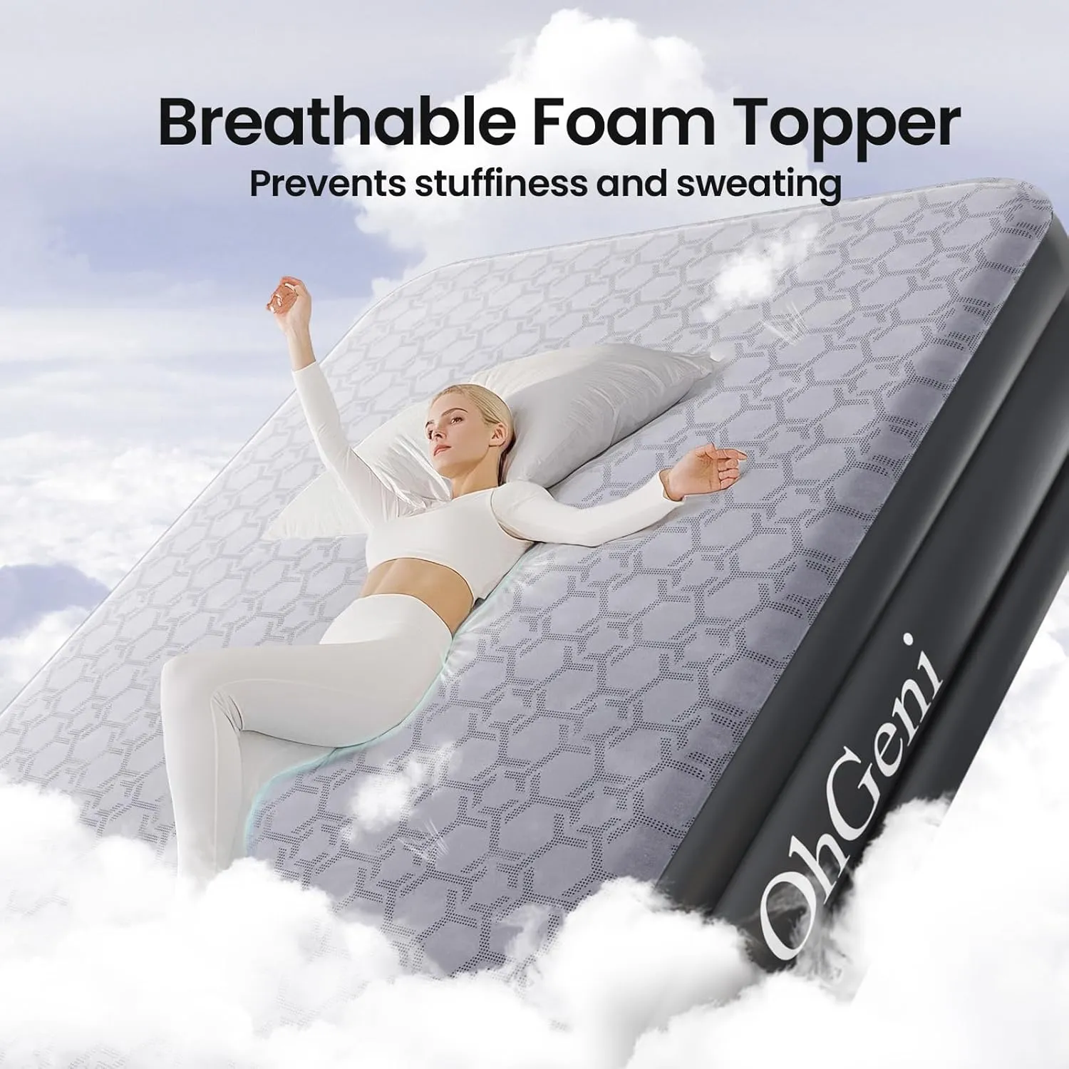 OhGeni Luxury Queen Air Mattress with Built-in Pump, Silk Foam Topper for Superior Comfort, 18" Raised Inflatable Bed, Blow-Up Mattress for Home, Camping & Guests, Easy Setup, Extra Support, Black