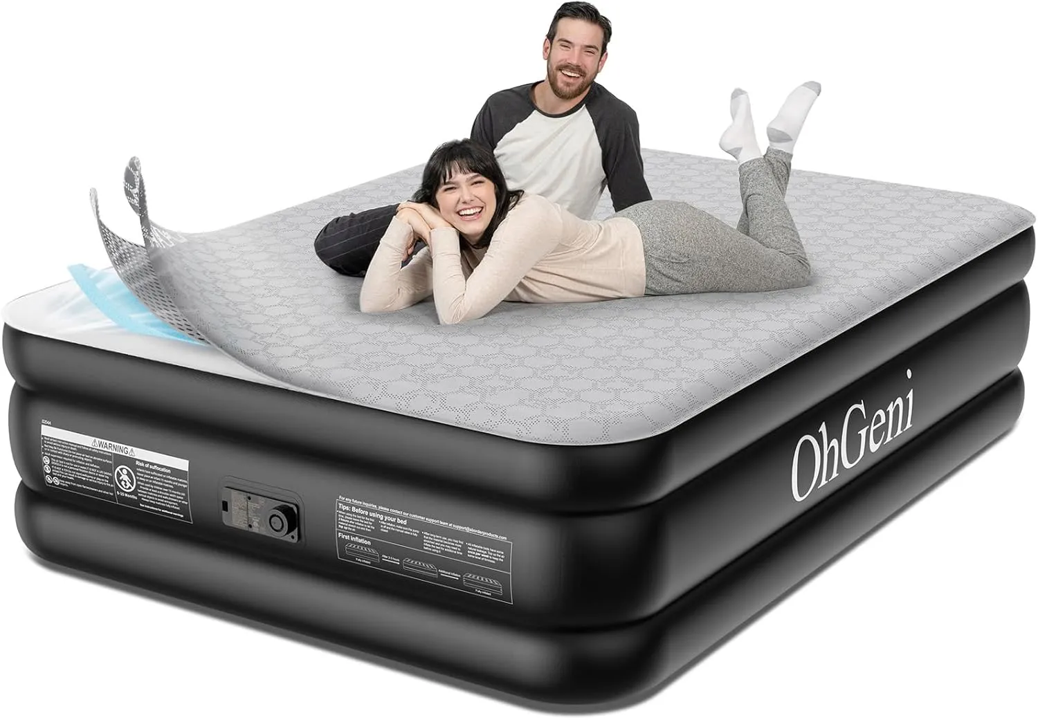 OhGeni Luxury Queen Air Mattress with Built-in Pump, Silk Foam Topper for Superior Comfort, 18" Raised Inflatable Bed, Blow-Up Mattress for Home, Camping & Guests, Easy Setup, Extra Support, Black