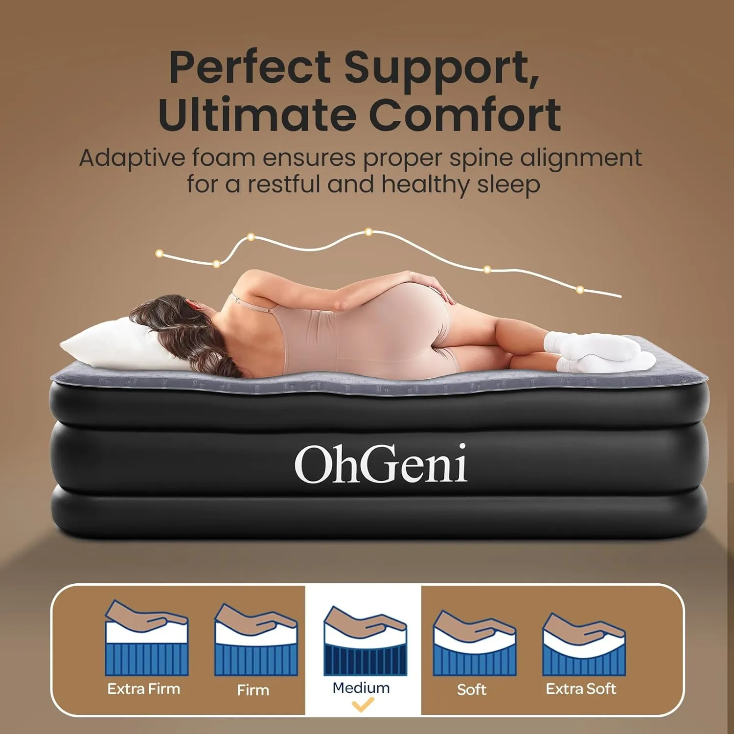OhGeni Luxury Queen Air Mattress with Built-in Pump, Silk Foam Topper for Superior Comfort, 18" Raised Inflatable Bed, Blow-Up Mattress for Home, Camping & Guests, Easy Setup, Extra Support, Black