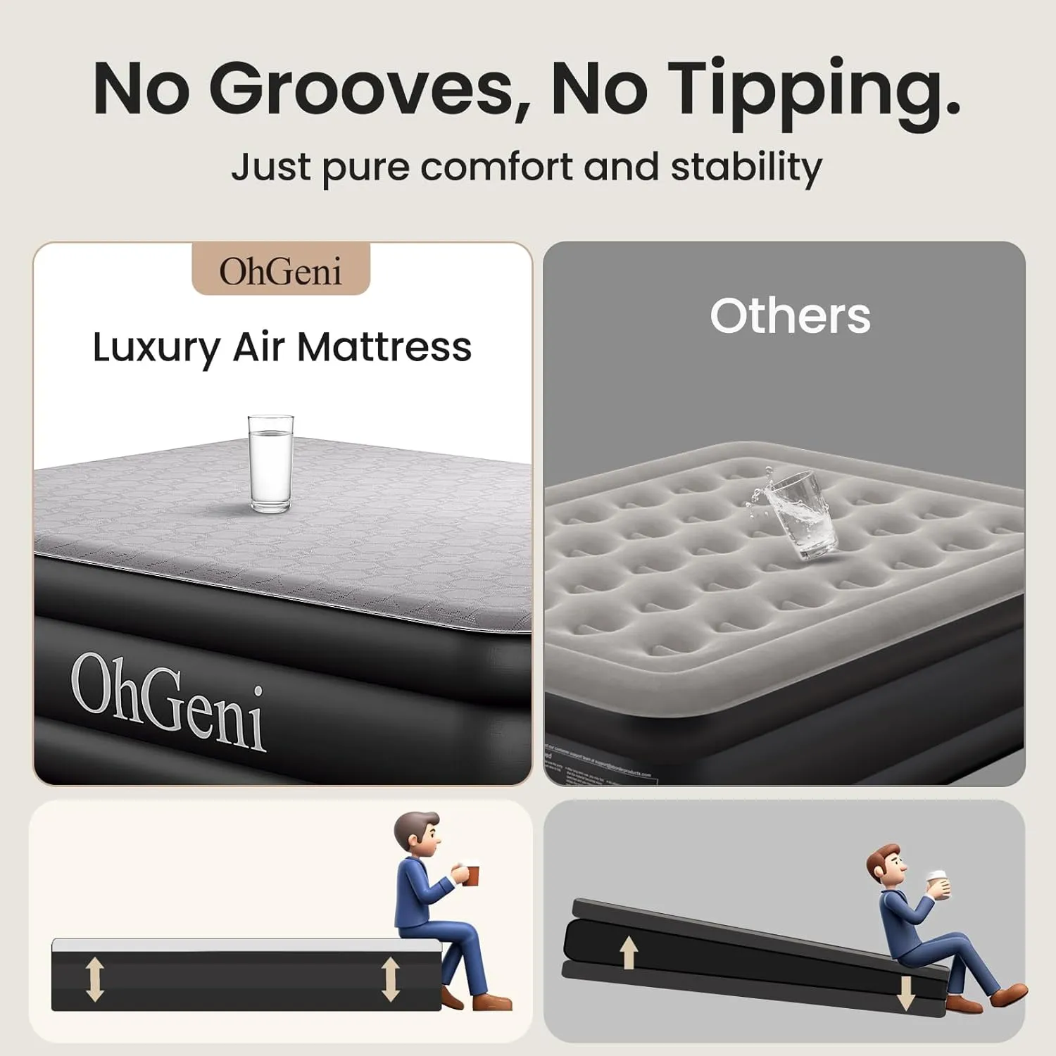 OhGeni Luxury Queen Air Mattress with Built-in Pump, Silk Foam Topper for Superior Comfort, 18" Raised Inflatable Bed, Blow-Up Mattress for Home, Camping & Guests, Easy Setup, Extra Support, Black