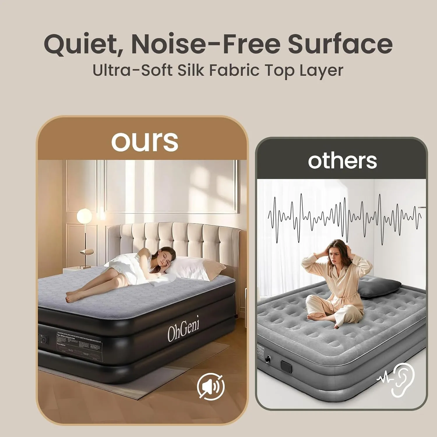 OhGeni Luxury Queen Air Mattress with Built-in Pump, Silk Foam Topper for Superior Comfort, 18" Raised Inflatable Bed, Blow-Up Mattress for Home, Camping & Guests, Easy Setup, Extra Support, Black