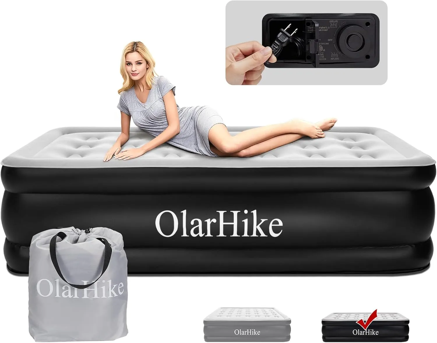 OlarHike Inflatable Twin Air Mattress with Built in Pump,16" Elevated Air Mattresses for Camping,Home&Guests,Fast&Easy Inflation/Deflation Airbed,Black Double Blow up Bed,Travel Cushion,Indoor