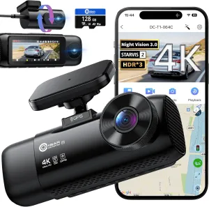 OMBAR T1 4K 3 Channel Dash Cam, STARVIS 2 IMX678 Sensors, Free 128GB Card, 2025 New Full Color HDR Night Vision, 4K 1080P 1080P Triple Car Camera,5G WiFi, 24H Parking Mode, Support 512GB Max