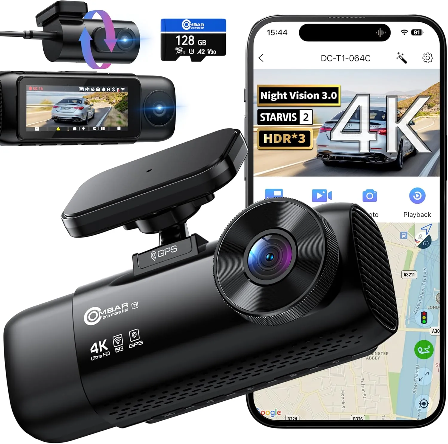 OMBAR T1 4K 3 Channel Dash Cam, STARVIS 2 IMX678 Sensors, Free 128GB Card, 2025 New Full Color HDR Night Vision, 4K 1080P 1080P Triple Car Camera,5G WiFi, 24H Parking Mode, Support 512GB Max