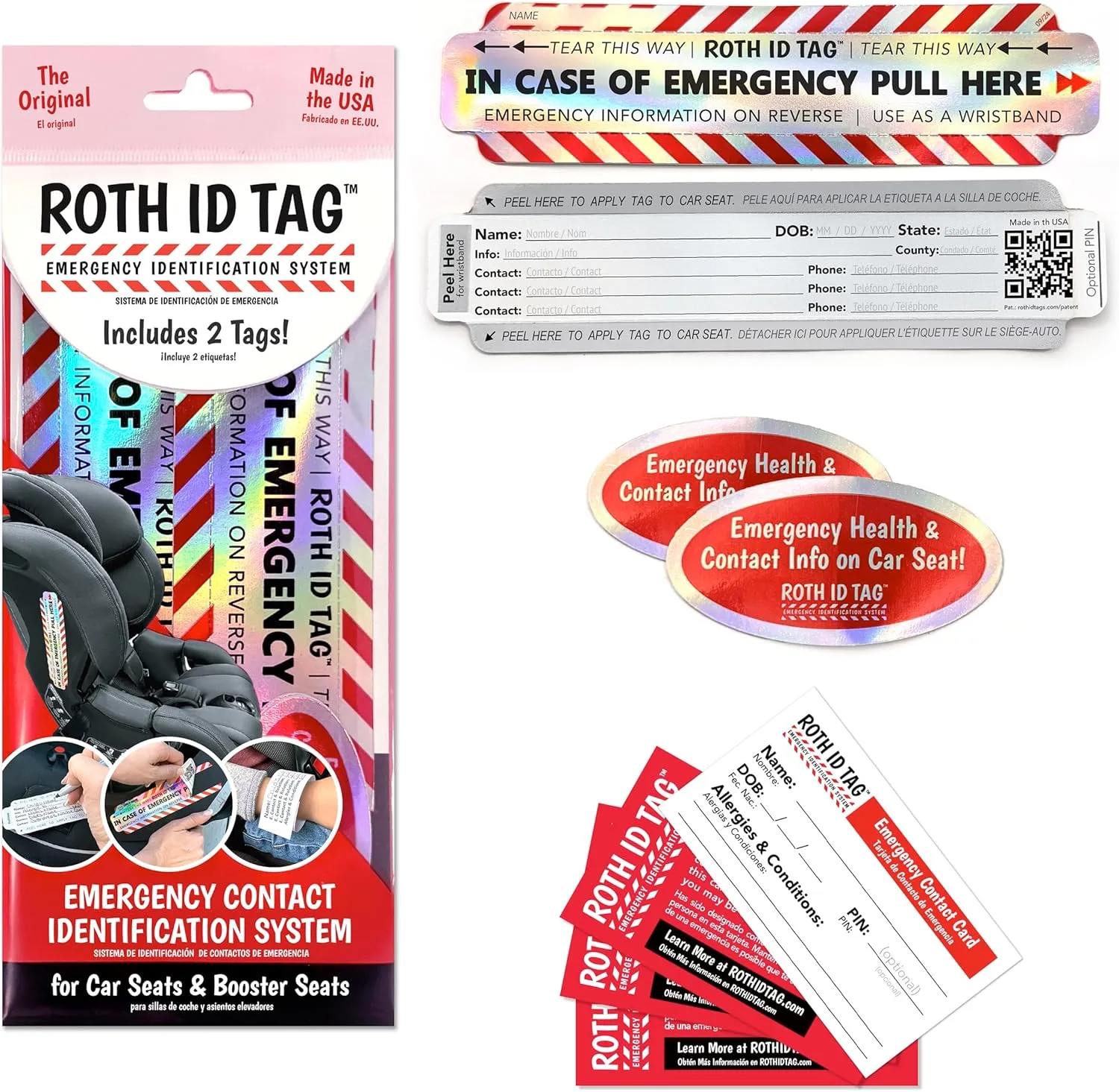 Original ROTH ID TAG™ Kit | Emergency Contact Identification System for Car Seats, Red, White, Black