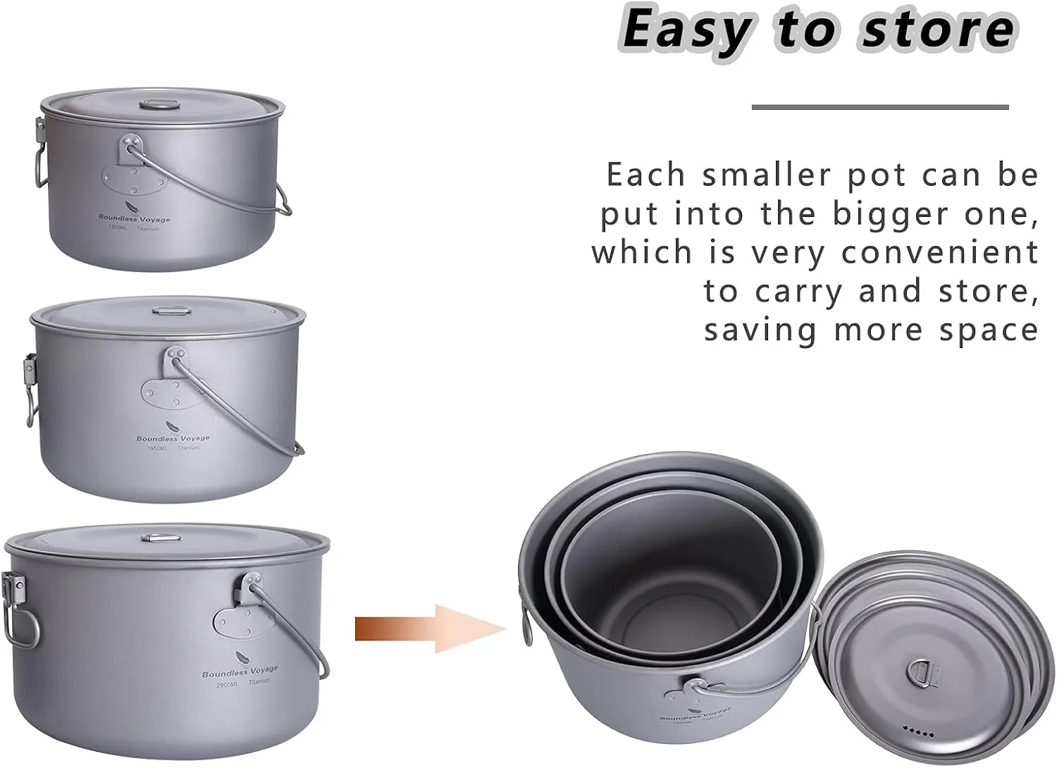 Outdoor 750ml - 2900ml Titanium Pot with Lid Folding Bail Handle Camping Hiking Picnic Ultralight Water Bottle Cup Mug Spork Set