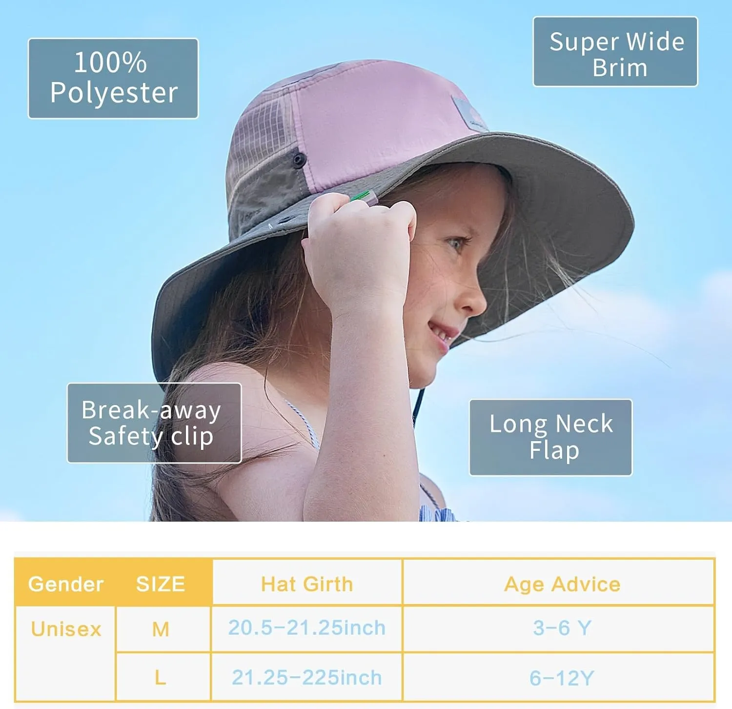 Outdoor Kids Sun Hat Boys Sun Hat Girls Beach Hat UPF 50  Kids Bucket Hat Wide Brim Kids Fishing Safari Hat