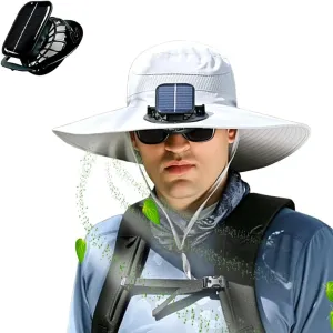 Outdoor Wide Brim Sun Hat with Solar Fan, UPF 50  Bucket Fishing & Beach Hat, with Removable & USB Charging Fan