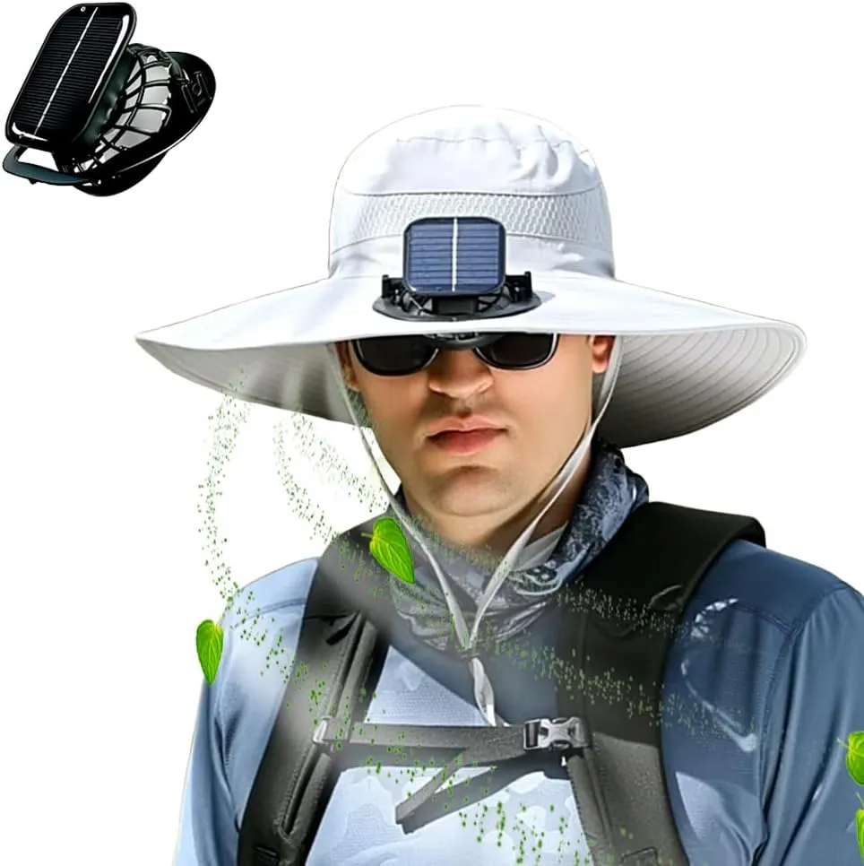 Outdoor Wide Brim Sun Hat with Solar Fan, UPF 50  Bucket Fishing & Beach Hat, with Removable & USB Charging Fan