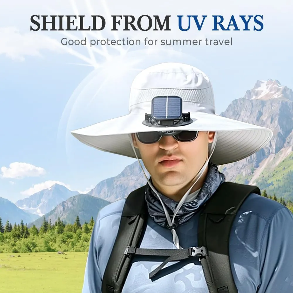 Outdoor Wide Brim Sun Hat with Solar Fan, UPF 50  Bucket Fishing & Beach Hat, with Removable & USB Charging Fan