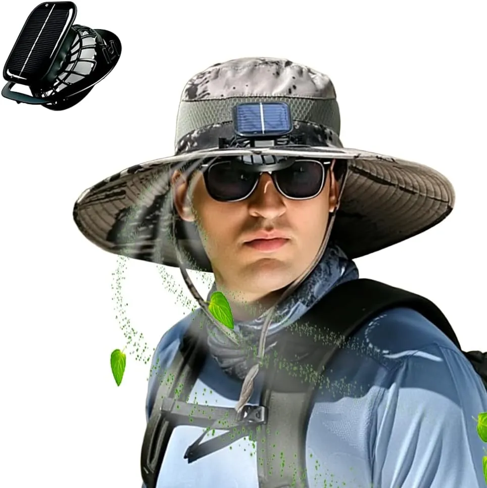 Outdoor Wide Brim Sun Hat with Solar Fan, UPF 50  Bucket Fishing & Beach Hat, with Removable & USB Charging Fan