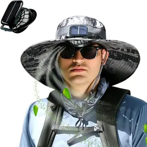 Outdoor Wide Brim Sun Hat with Solar Fan, UPF 50  Bucket Fishing & Beach Hat, with Removable & USB Charging Fan