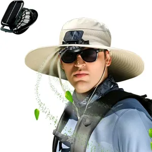 Outdoor Wide Brim Sun Hat with Solar Fan, UPF 50  Bucket Fishing & Beach Hat, with Removable & USB Charging Fan