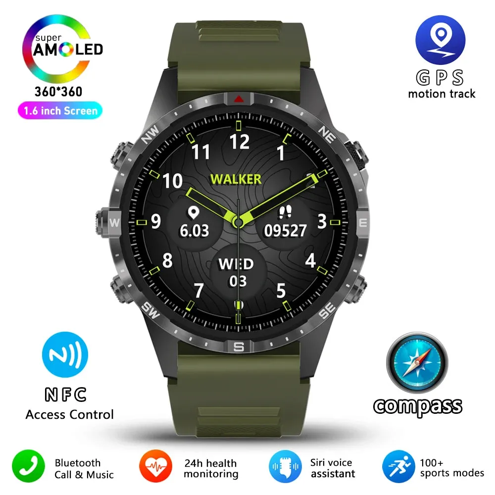 Outdoors Compass Smart Watch with GPS Tracker - 1.6 Inch AMOLED HD Screen, Bluetooth Call SmartWatch for Android iOS