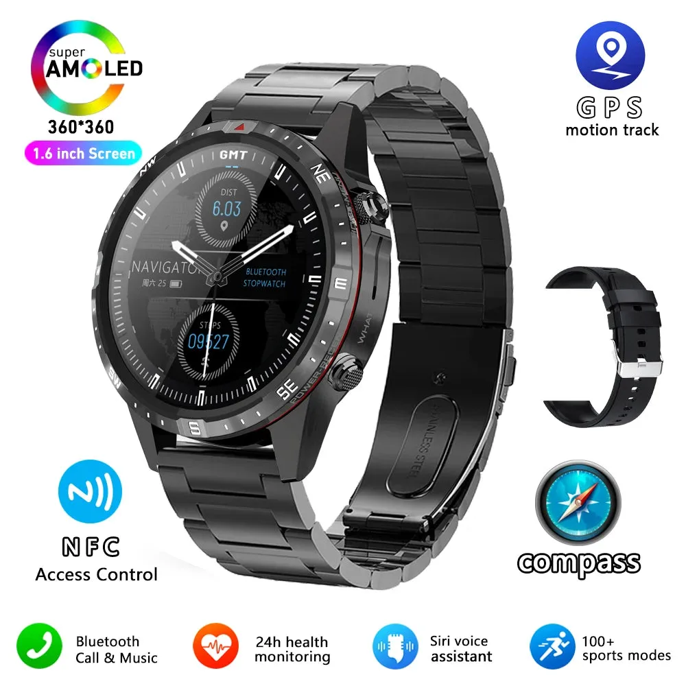 Outdoors Compass Smart Watch with GPS Tracker - 1.6 Inch AMOLED HD Screen, Bluetooth Call SmartWatch for Android iOS