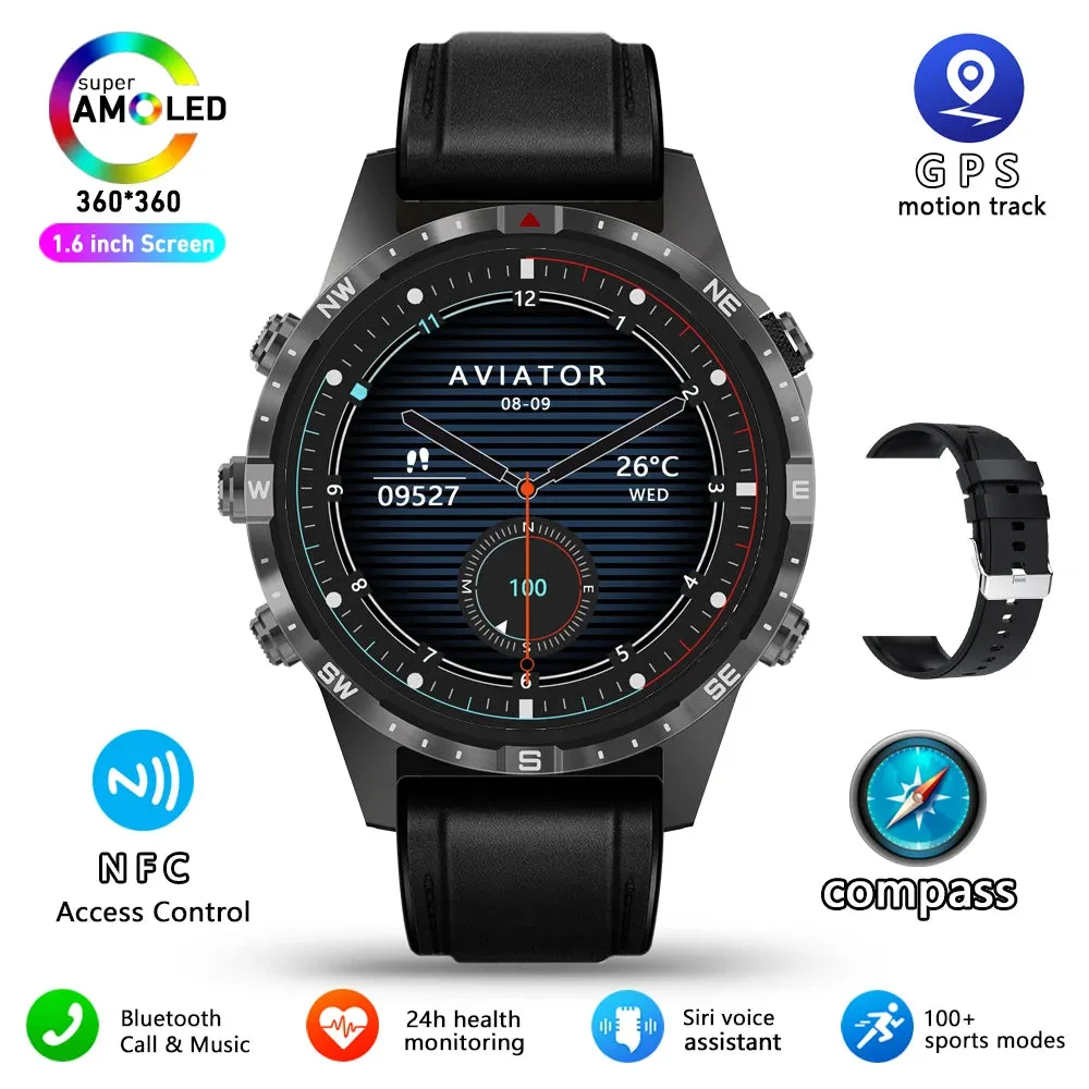 Outdoors Compass Smart Watch with GPS Tracker - 1.6 Inch AMOLED HD Screen, Bluetooth Call SmartWatch for Android iOS