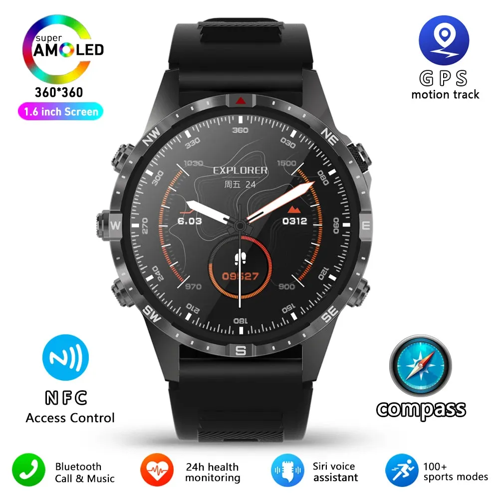 Outdoors Compass Smart Watch with GPS Tracker - 1.6 Inch AMOLED HD Screen, Bluetooth Call SmartWatch for Android iOS