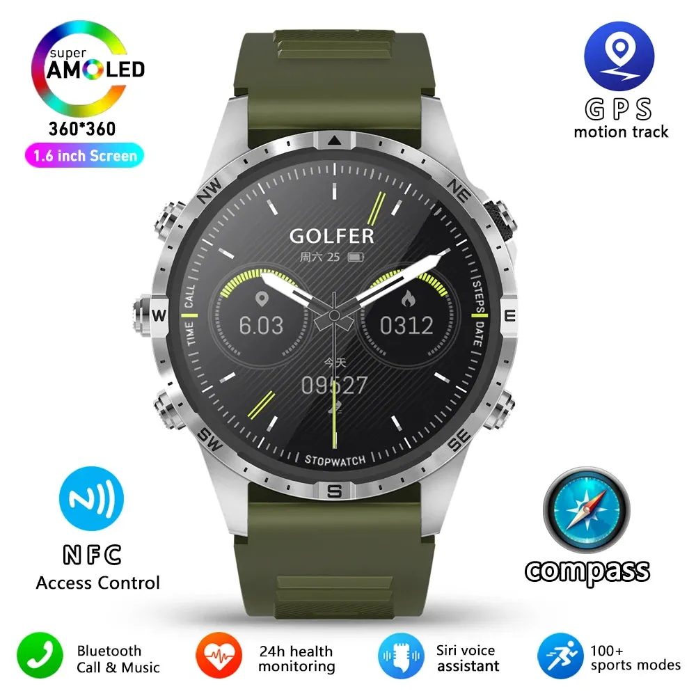 Outdoors Compass Smart Watch with GPS Tracker - 1.6 Inch AMOLED HD Screen, Bluetooth Call SmartWatch for Android iOS