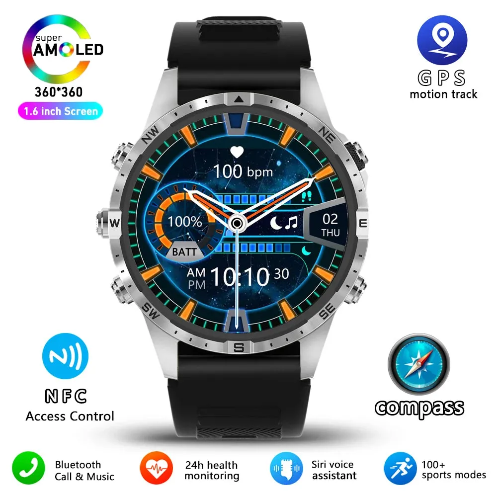 Outdoors Compass Smart Watch with GPS Tracker - 1.6 Inch AMOLED HD Screen, Bluetooth Call SmartWatch for Android iOS