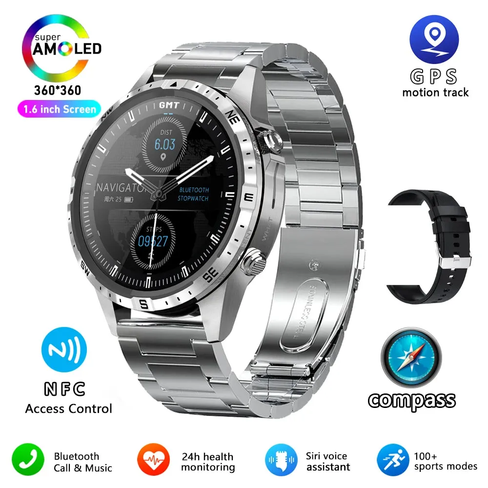 Outdoors Compass Smart Watch with GPS Tracker - 1.6 Inch AMOLED HD Screen, Bluetooth Call SmartWatch for Android iOS