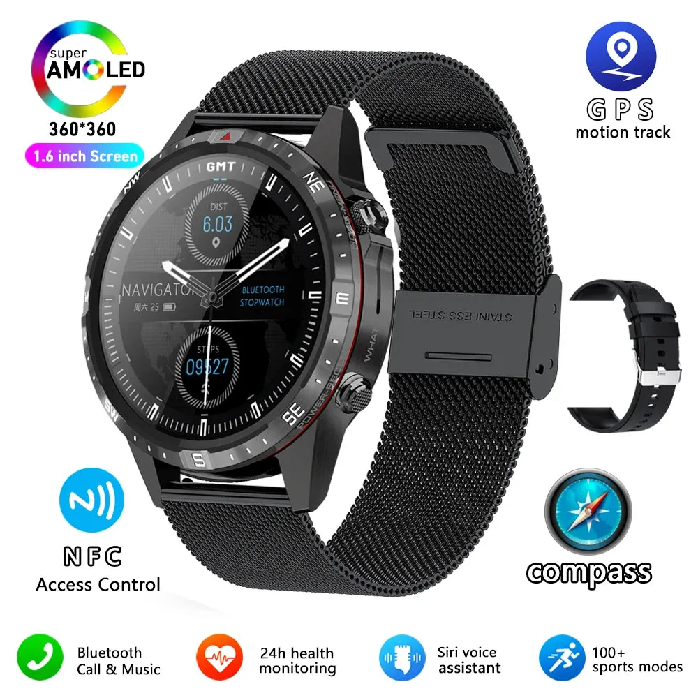 Outdoors Compass Smart Watch with GPS Tracker - 1.6 Inch AMOLED HD Screen, Bluetooth Call SmartWatch for Android iOS