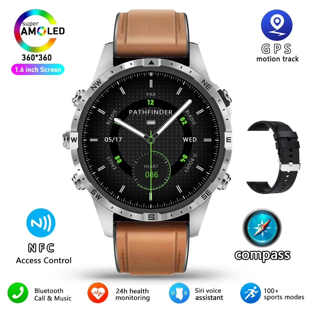 Outdoors Compass Smart Watch with GPS Tracker - 1.6 Inch AMOLED HD Screen, Bluetooth Call SmartWatch for Android iOS