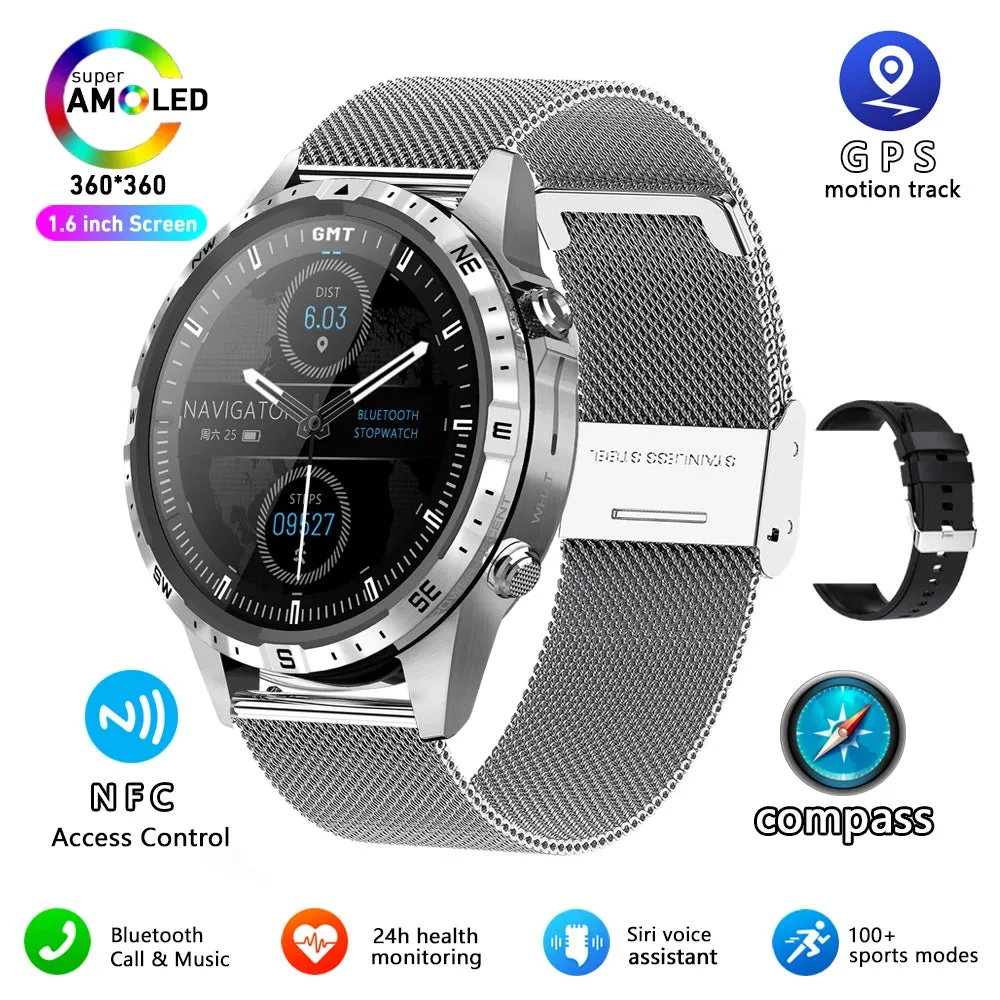 Outdoors Compass Smart Watch with GPS Tracker - 1.6 Inch AMOLED HD Screen, Bluetooth Call SmartWatch for Android iOS