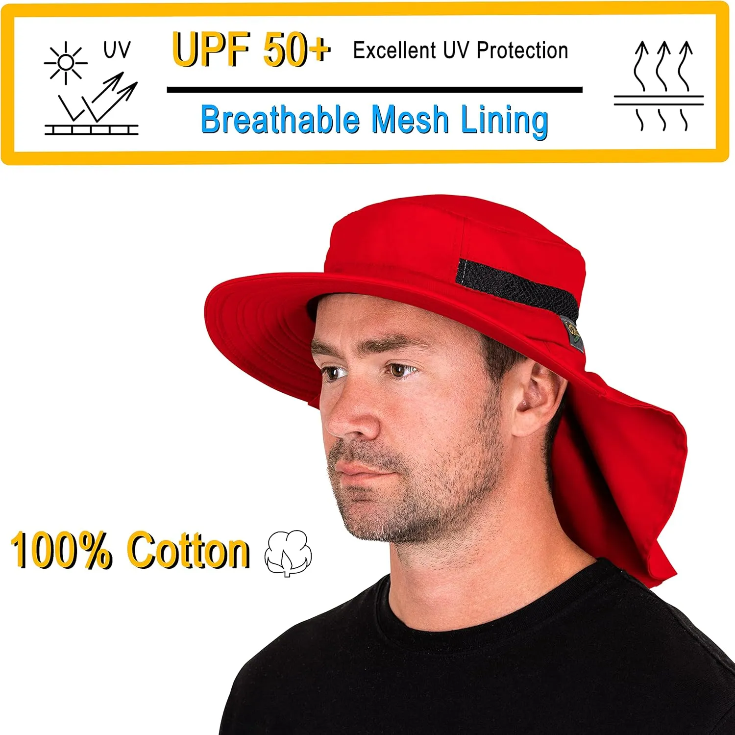 Outdoors Cotton Sun Hat, UPF 50  Wide Brim Fishing Hat with Neck Flap, Breathable, Boonie Hat Bucket Cap